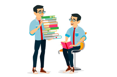 Man In Book Club Vector. Carrying Large Stack Of Books. Studying Student. Library, Academic, School, University Concept. Isolated Flat Cartoon Illustration