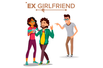 Ex Girlfriend Vector. Couple. Lifestyle Problem. Unhappy Man. Frustrated. Ex-lover. Jealousy, Love Triangle. Isolated Flat Cartoon Illustration