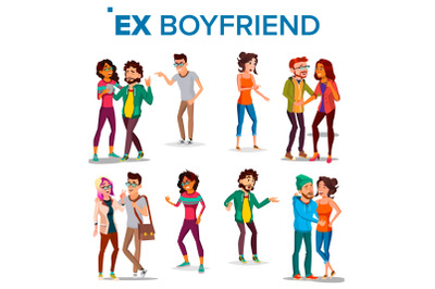 Ex Boyfriend, Girlfriend Vector. Past Relationship Concept. Frustrated. Ex-lover. Jealousy, Love Triangle. Shocked. Breaking Up Divorce. solated Flat Cartoon Illustration