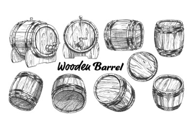 Vintage Wooden Barrel In Different Side Set Vector