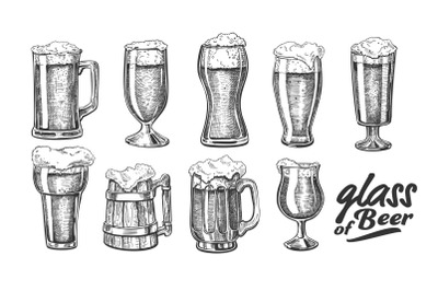 Hand Drawn Glass With Foam Bubble Beer Set Vector