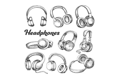 Collection Different Sides Headphones Set Vector