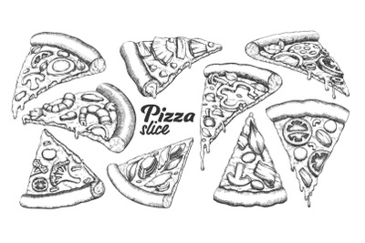 Assortment Different Slice Pizza Set Ink Vector