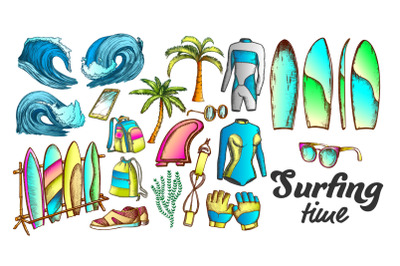 Surfing Time Collection Elements Color Set Vector