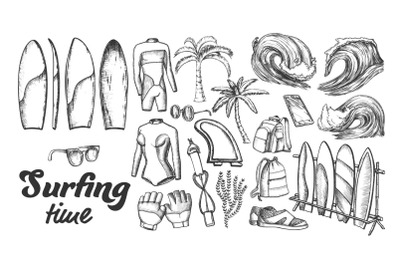 Surfing Time Collection Elements Ink Set Vector