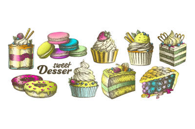 Color Assortment Baked Sweet Dessert Set Vintage Vector