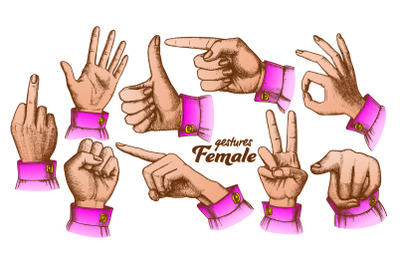 Color Multiple Female Caucasian Hand Gesture Set Vector