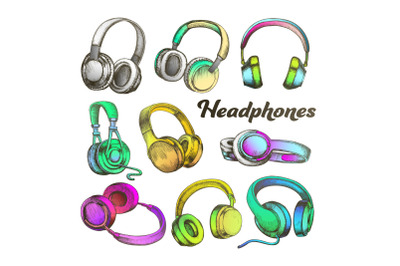 Color Different Sides Headphones Set Vector