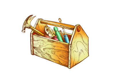 Color Vintage Wooden Toolbox With Old Instrument Vector