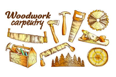 Color Woodwork Carpentry Collection Equipment Set Vector