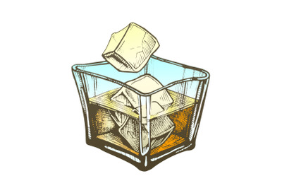 Color Square Glass With Rum Brandy And Ice Cubes Vector