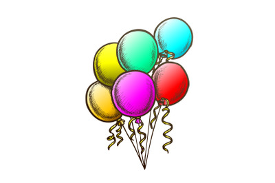 Balloons Bunch With Curly Ribbon Monochrome Vector