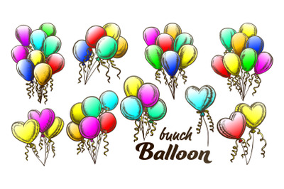 Balloons Bunch With Curly Ribbon Retro Set Vector