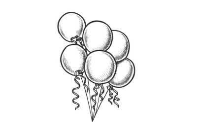 Balloons Bunch With Curly Ribbon Monochrome Vector