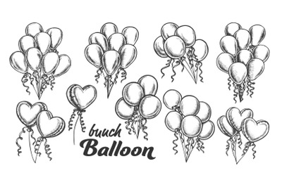 Balloons Bunch With Curly Ribbon Retro Set Vector