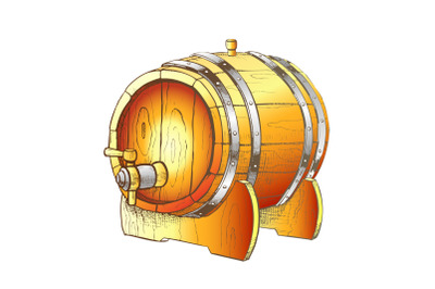 Vintage Drawn Barrel With Tap For Liquid Color Vector