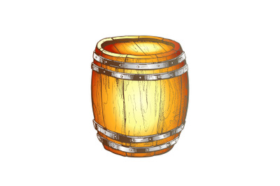 Standing Vintage Wooden Barrel Side View Color Vector