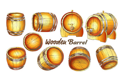 Vintage Wooden Barrel In Different Side Color Set Vector