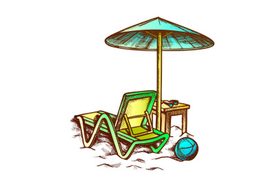 Beach Chair With Umbrella And Stool Retro Vector