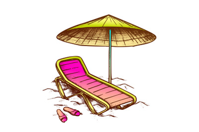 Beach Chair With Umbrella And Slippers Ink Vector