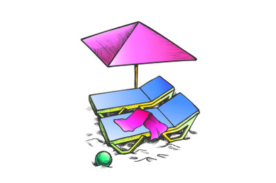 Two Beach Chair With Umbrella And Ball Ink Vector