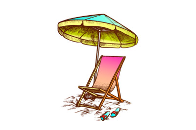 Deck Chair With Umbrella And Slippers Ink Vector