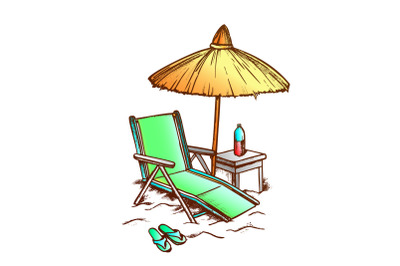 Beach Chair With Straw Umbrella Monochrome Vector