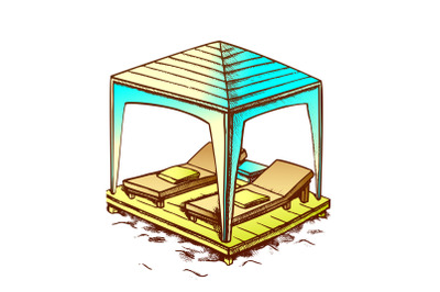 Beach Chairs Under Canopy At Coast Retro Vector