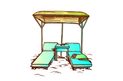 Deck Chairs Under Canopy On Beach Retro Vector