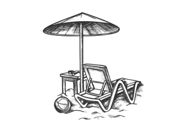 Beach Chair With Umbrella And Stool Retro Vector