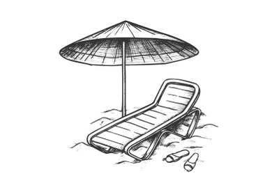 Beach Chair With Umbrella And Slippers Ink Vector