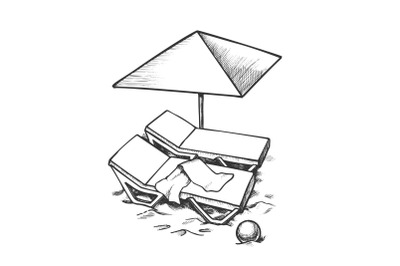 Two Beach Chair With Umbrella And Ball Ink Vector