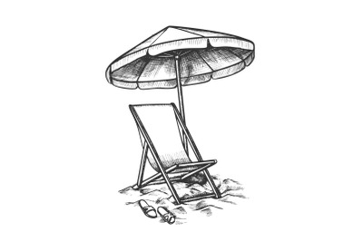 Deck Chair With Umbrella And Slippers Ink Vector