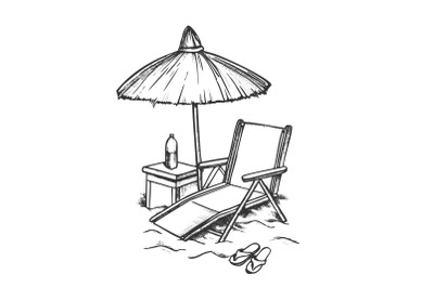 Beach Chair With Straw Umbrella Monochrome Vector