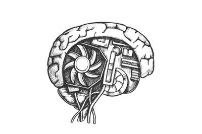 Ai Cyberntic Brain Side View Monochrome Vector