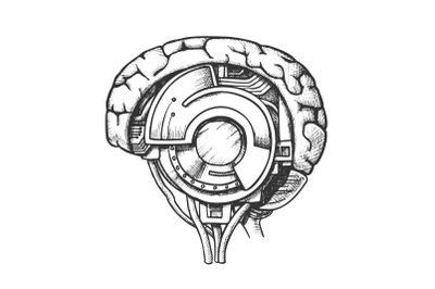 Technology Cyber Brain Side View Monochrome Vector