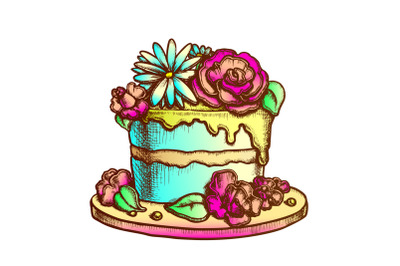 Birthday Cake Decorated With Flowers Ink Vector