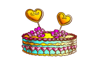 Cake Decorated Hearts And Creamy Flower Ink Vector