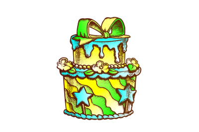 Birthday Cake Decorated With Bow Retro Vector