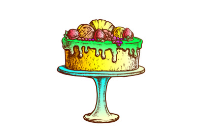 Delicious Cake Decorated With Fruits Ink Vector