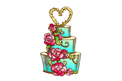 Cake Decorated Flowers And Heart On Top Ink Vector