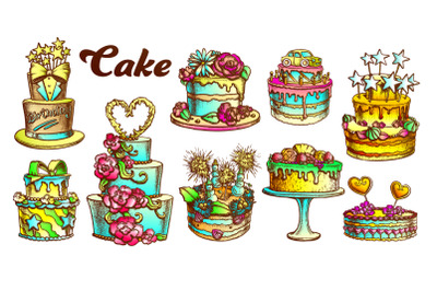 Cake Pie Delicious Collection Retro Set Vector