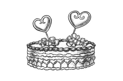 Cake Decorated Hearts And Creamy Flower Ink Vector