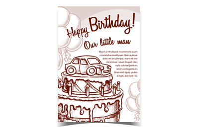 Birthday Cake Decorated With Car Banner Vector