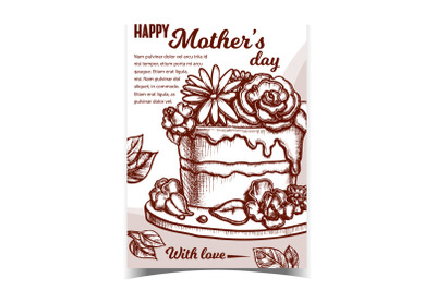 Cake With Flowers For Mother Day Banner Vector