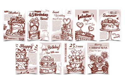 Cake Pie Delicious Collection Posters Set Vector