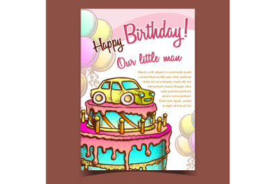 Birthday Cake Decorated With Car Banner Vector