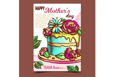 Cake With Flowers For Mother Day Banner Vector