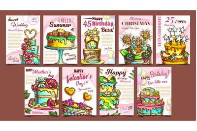 Cake Pie Delicious Collection Posters Set Vector