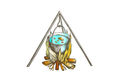 Cooking In Cauldron On Campfire Vintage Color Vector